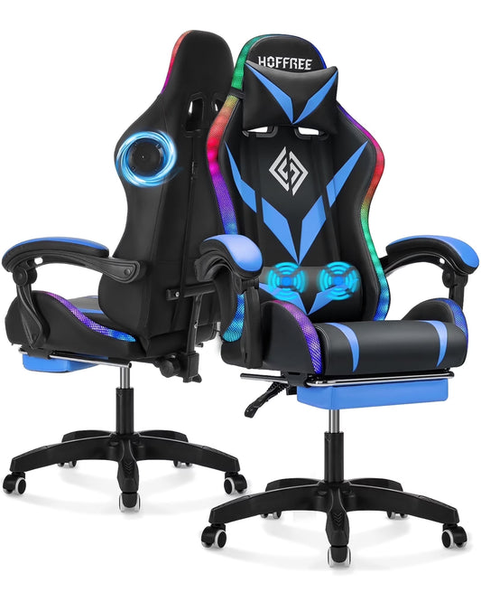 Hoffree Gaming Chair with Speakers PU Leather Office Chair with Footrest and LED Lights Ergonomic Gamer Chair with Massage Lumbar Support and Headrest Adjustable Swivel for Home Office 300lb