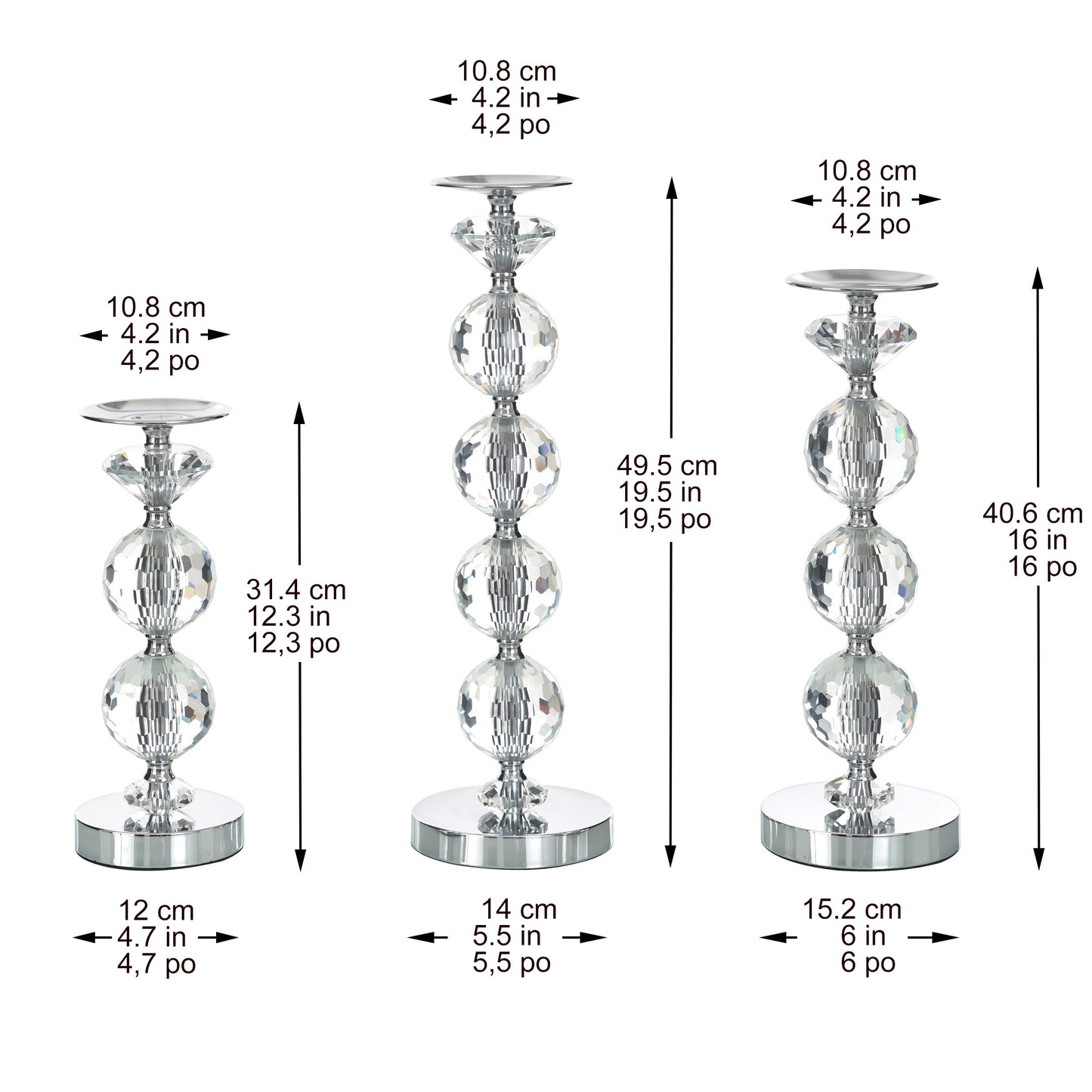 Chrome Finish Crystal Glass Pillar Candleholders, Set of 3