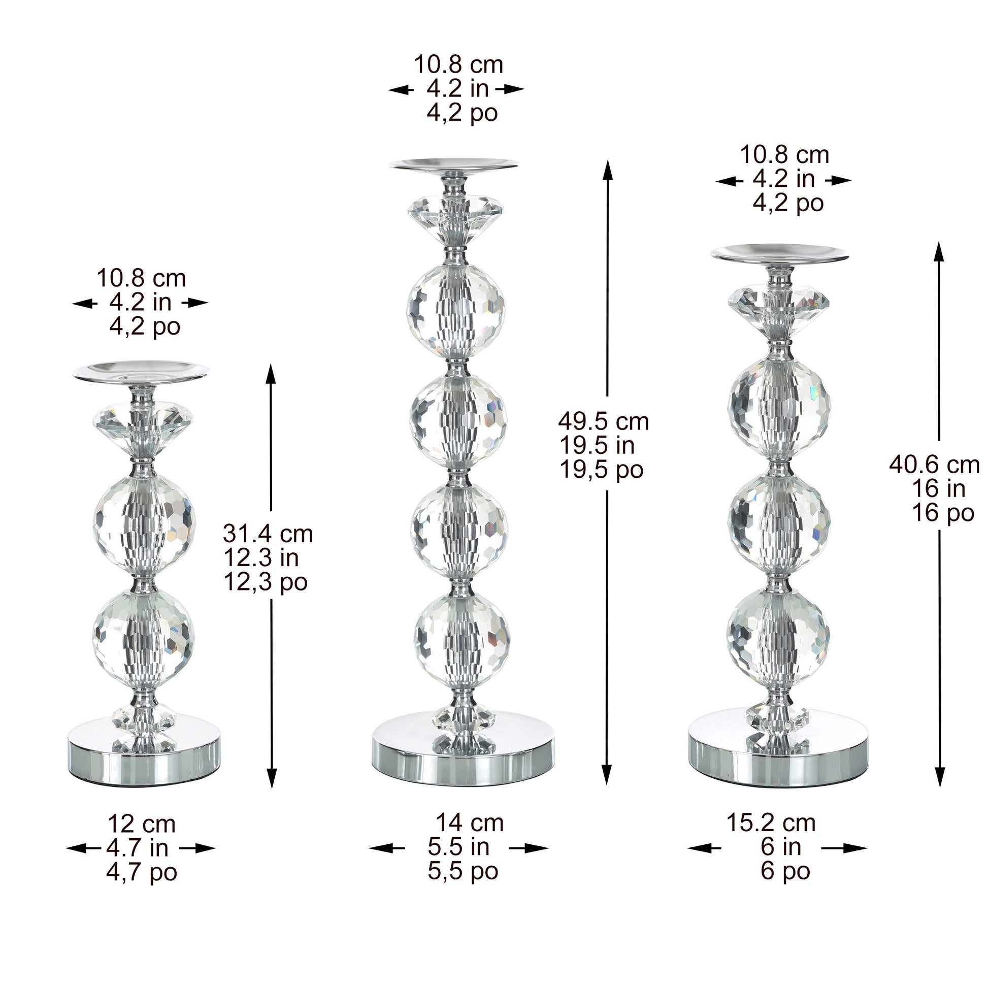 Chrome Finish Crystal Glass Pillar Candleholders, Set of 3