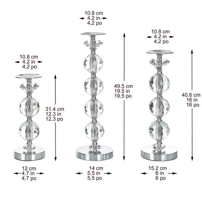 Chrome Finish Crystal Glass Pillar Candleholders, Set of 3