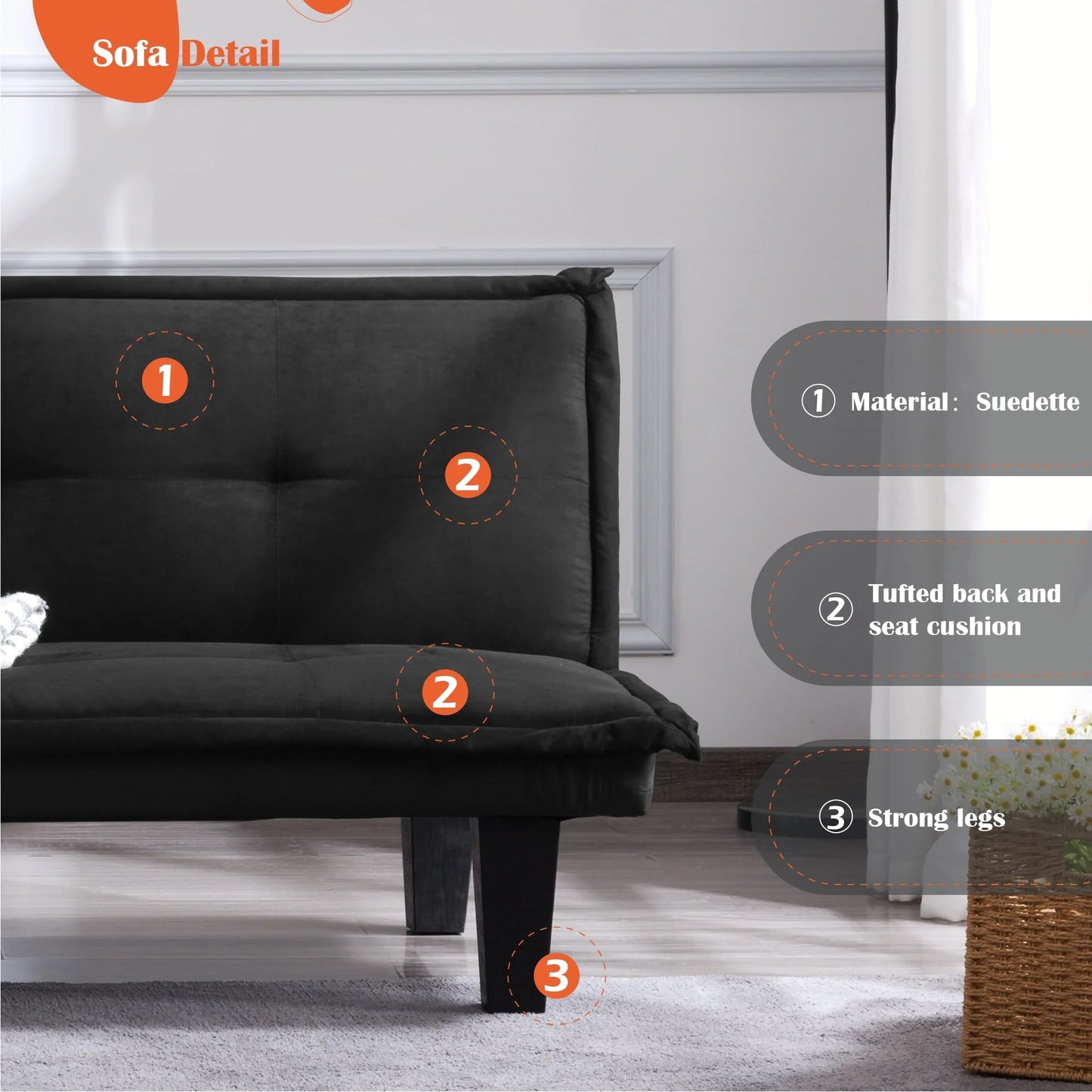 Aukfa Futon Convertible Sofa Bed for Home Office, Tufted Back, Faux Suede, Black