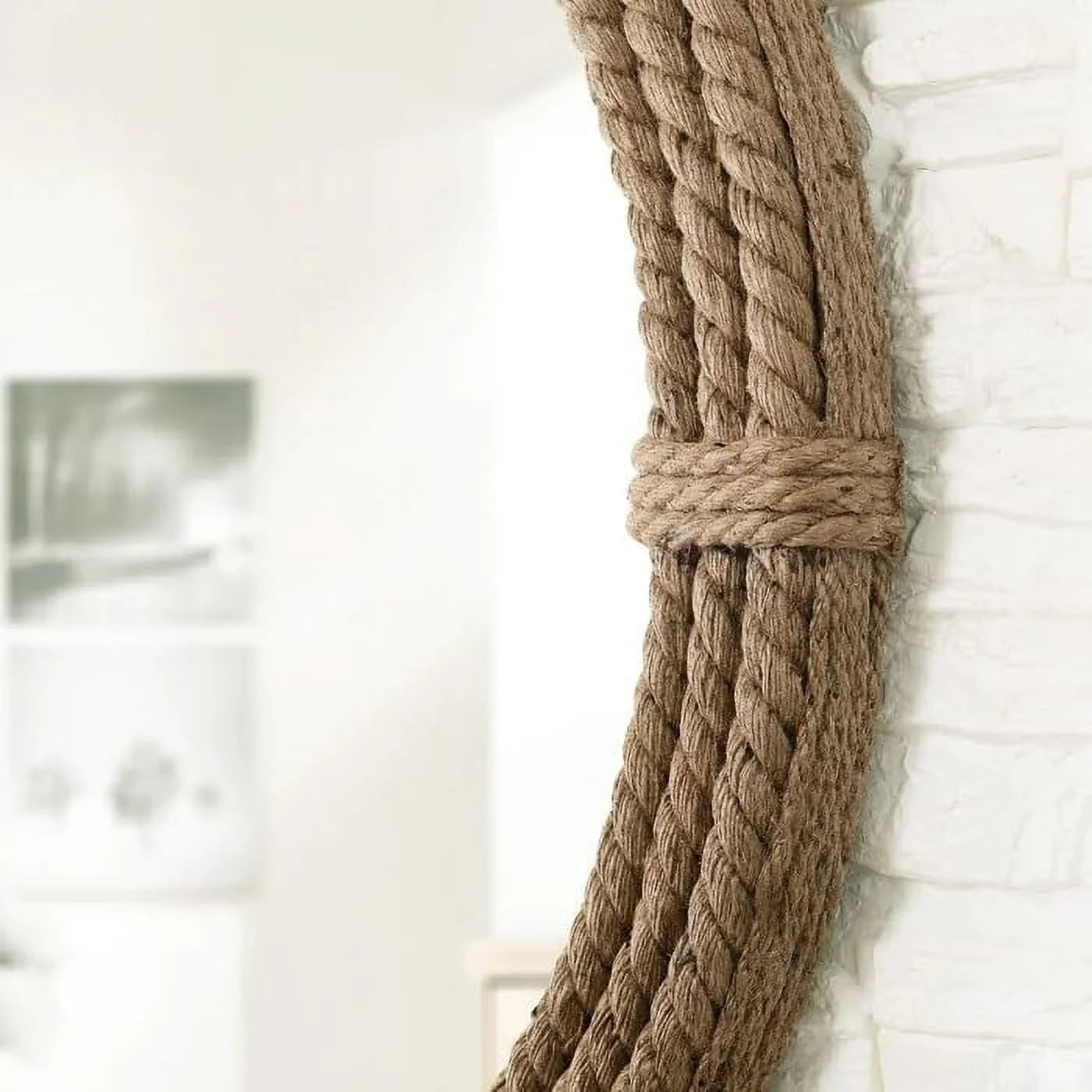 Round Jute Wall Mirror Decorative Wall Mounted Nautical Themed Rustic Rope Mirror with Hanging Loop, Handcrafted Vintage Nautical Design, Brown (18 Inch)