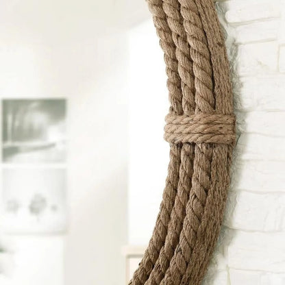 Round Jute Wall Mirror Decorative Wall Mounted Nautical Themed Rustic Rope Mirror with Hanging Loop, Handcrafted Vintage Nautical Design, Brown (18 Inch)