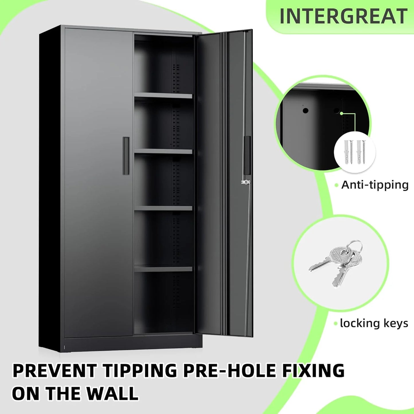 WANBIN 72" Black Metal Storage Cabinet with Lock, 2 Doors & 4 Adjustable Shelves, Tall Steel Cabinet for Home Office, Garage, Warehouse