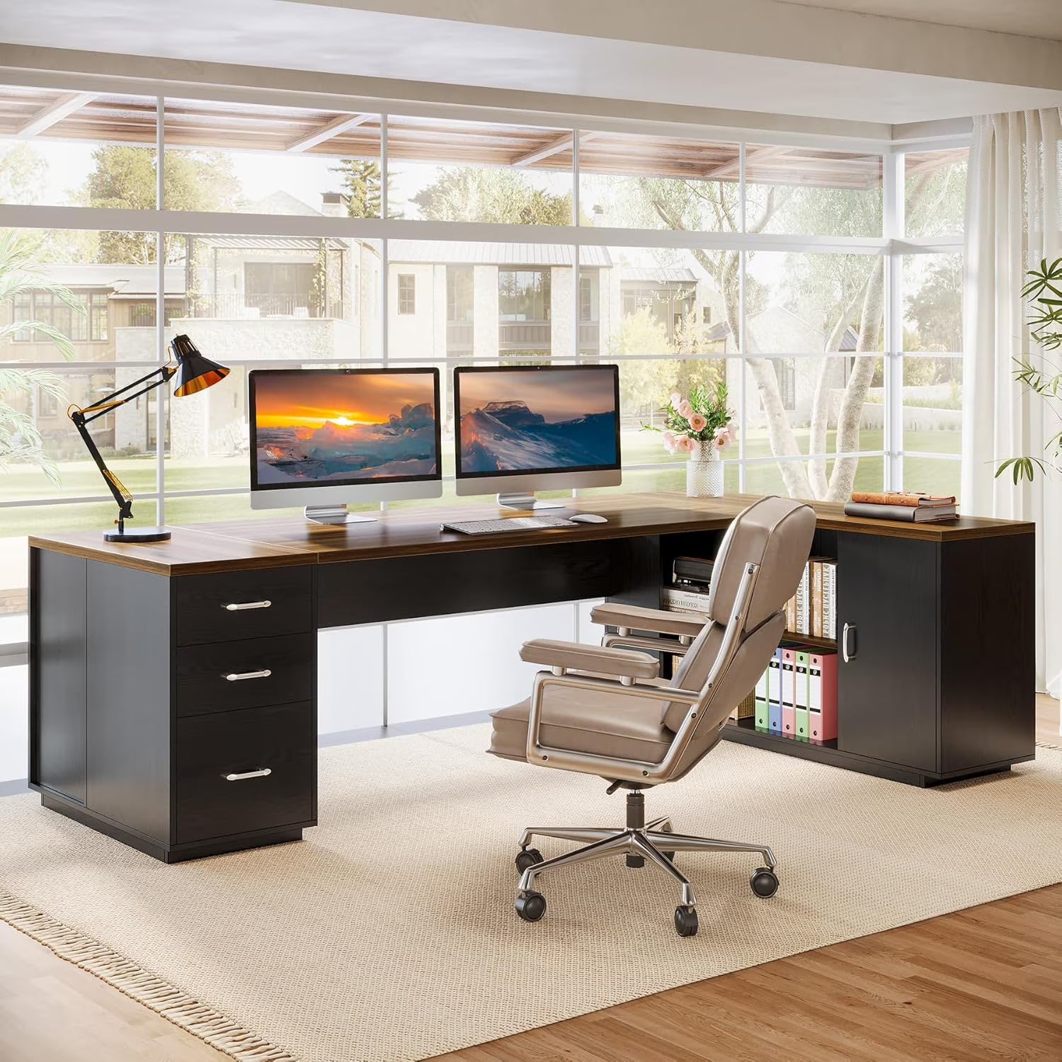Tribesigns 85.8" L-Shaped Executive Desk, Extra Large Office Desk with File Drawers, Modern Business Furniture with Door Cabinet, Shelves for Home Office, White & Brown