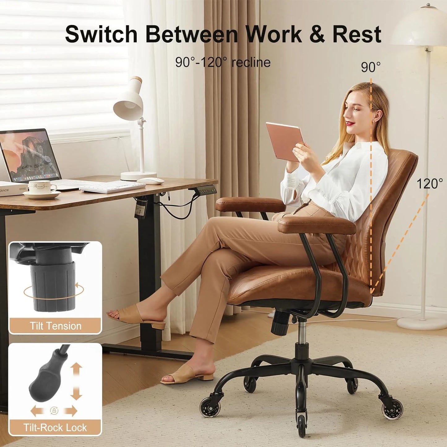 QW Home Office Desk Chair Office Rubber Casters Ergonomic Computer Chair with Lumbar Support Adjustable Height Rolling Swivel Executive Task Armrests Chair Brown Leather