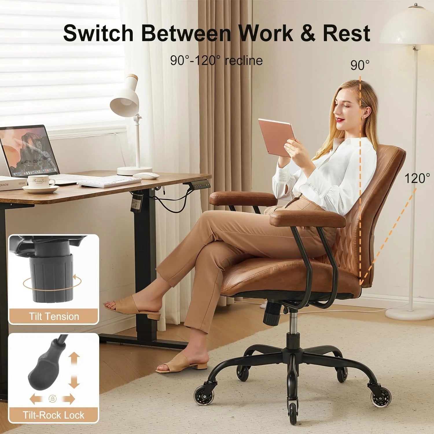 QW Home Office Desk Chair Office Rubber Casters Ergonomic Computer Chair with Lumbar Support Adjustable Height Rolling Swivel Executive Task Armrests Chair Brown Leather