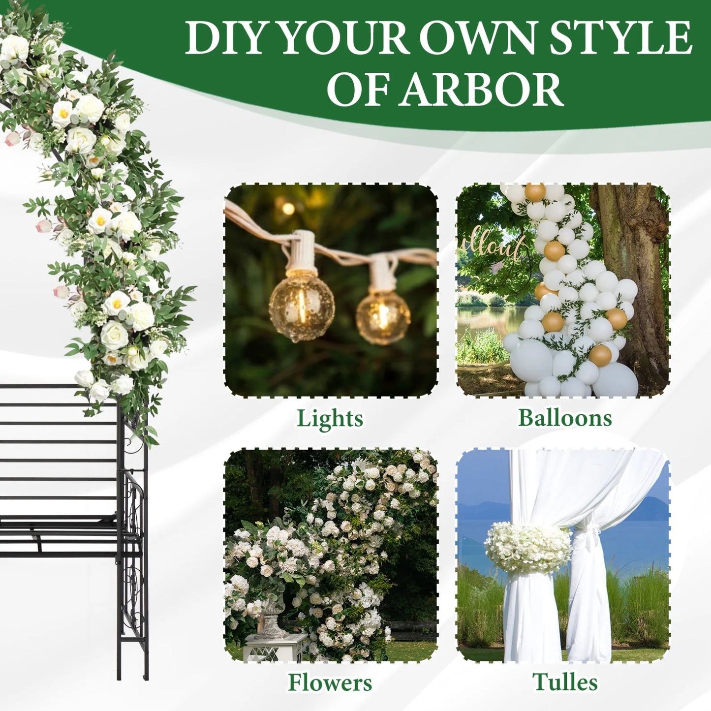 Garden Arch with 2-Person Bench, Heavy Duty Metal Garden Arbor Archway Trellis for Climbing Plants, Outdoor Wedding Arches Patio Trellis Pergola for Ceremony Party Lawn Backyard
