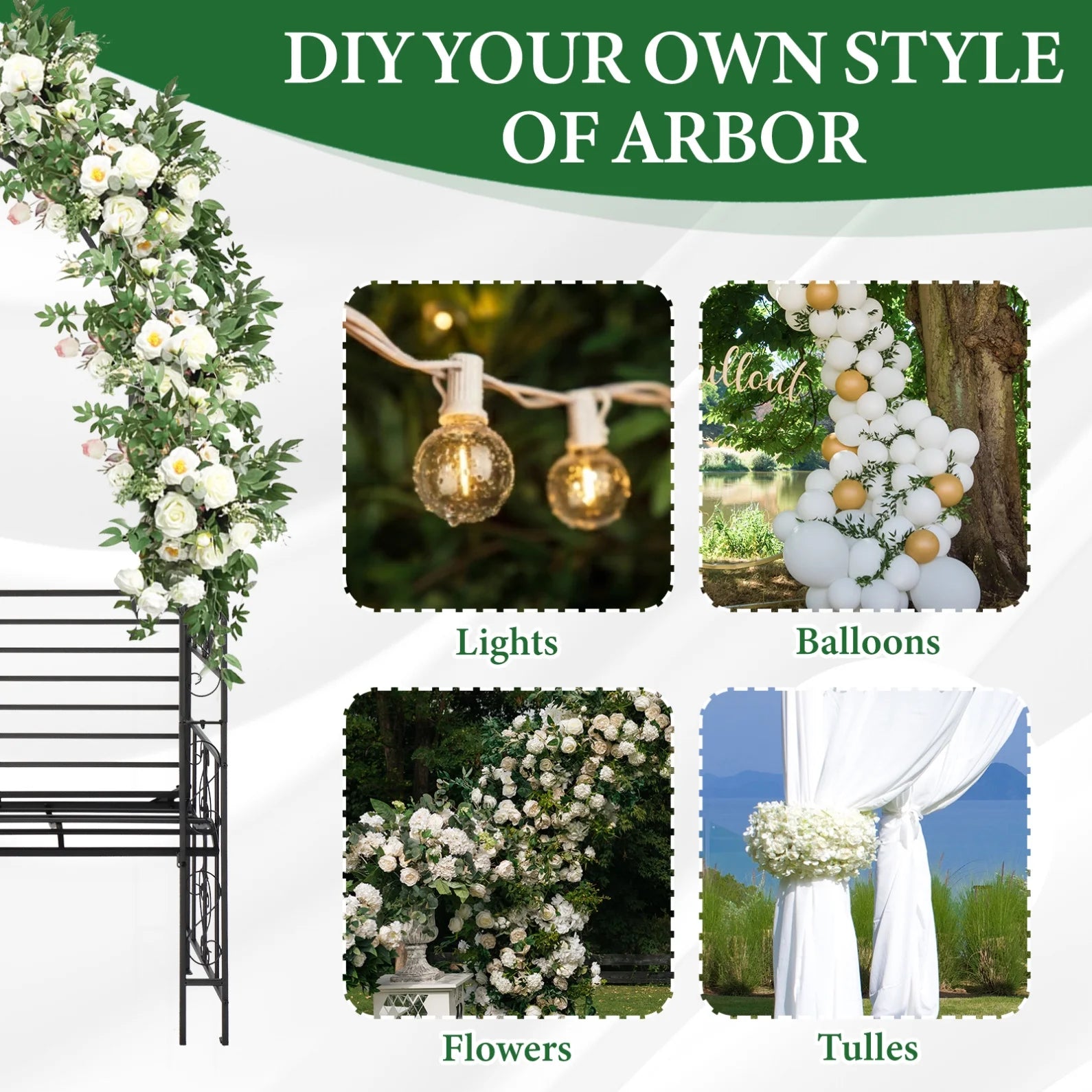 Garden Arch with 2-Person Bench, Heavy Duty Metal Garden Arbor Archway Trellis for Climbing Plants, Outdoor Wedding Arches Patio Trellis Pergola for Ceremony Party Lawn Backyard