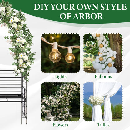 Garden Arch with 2-Person Bench, Heavy Duty Metal Garden Arbor Archway Trellis for Climbing Plants, Outdoor Wedding Arches Patio Trellis Pergola for Ceremony Party Lawn Backyard