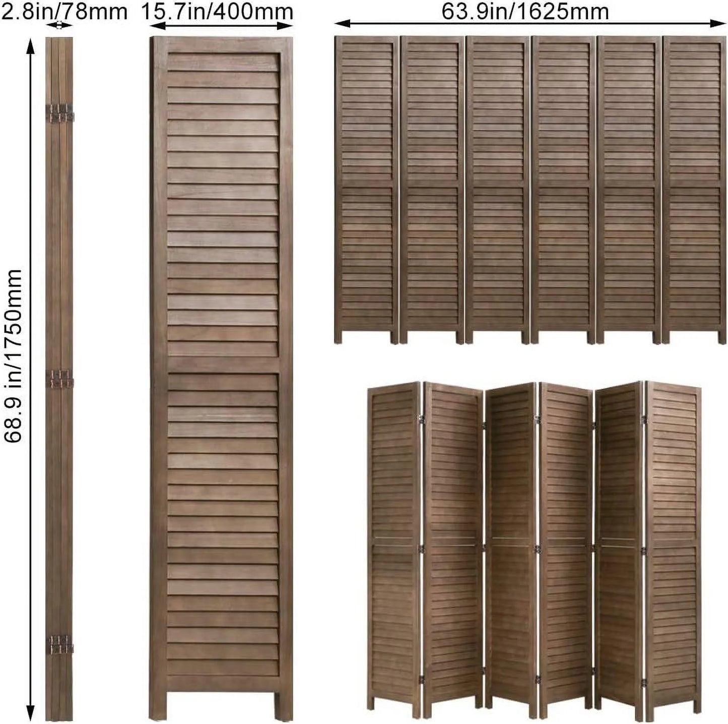 CL.HPAHKL 6 Panels Room Dividers, 5.75 Ft Tall Wood Louvered Folding Privacy Wall Divider for Room Separation Freestanding Privacy Screen For Home Office Bedroom Restaurant, Brown