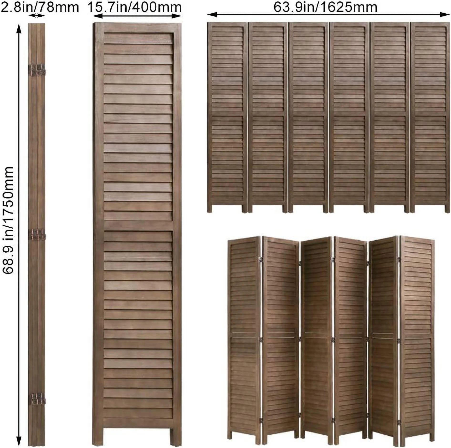 CL.HPAHKL 6 Panels Room Dividers, 5.75 Ft Tall Wood Louvered Folding Privacy Wall Divider for Room Separation Freestanding Privacy Screen For Home Office Bedroom Restaurant, Brown