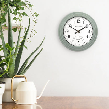 La Crosse 8" Sage Green Indoor/Outdoor Classic Quartz Analog Clock with Temp, 433-3020
