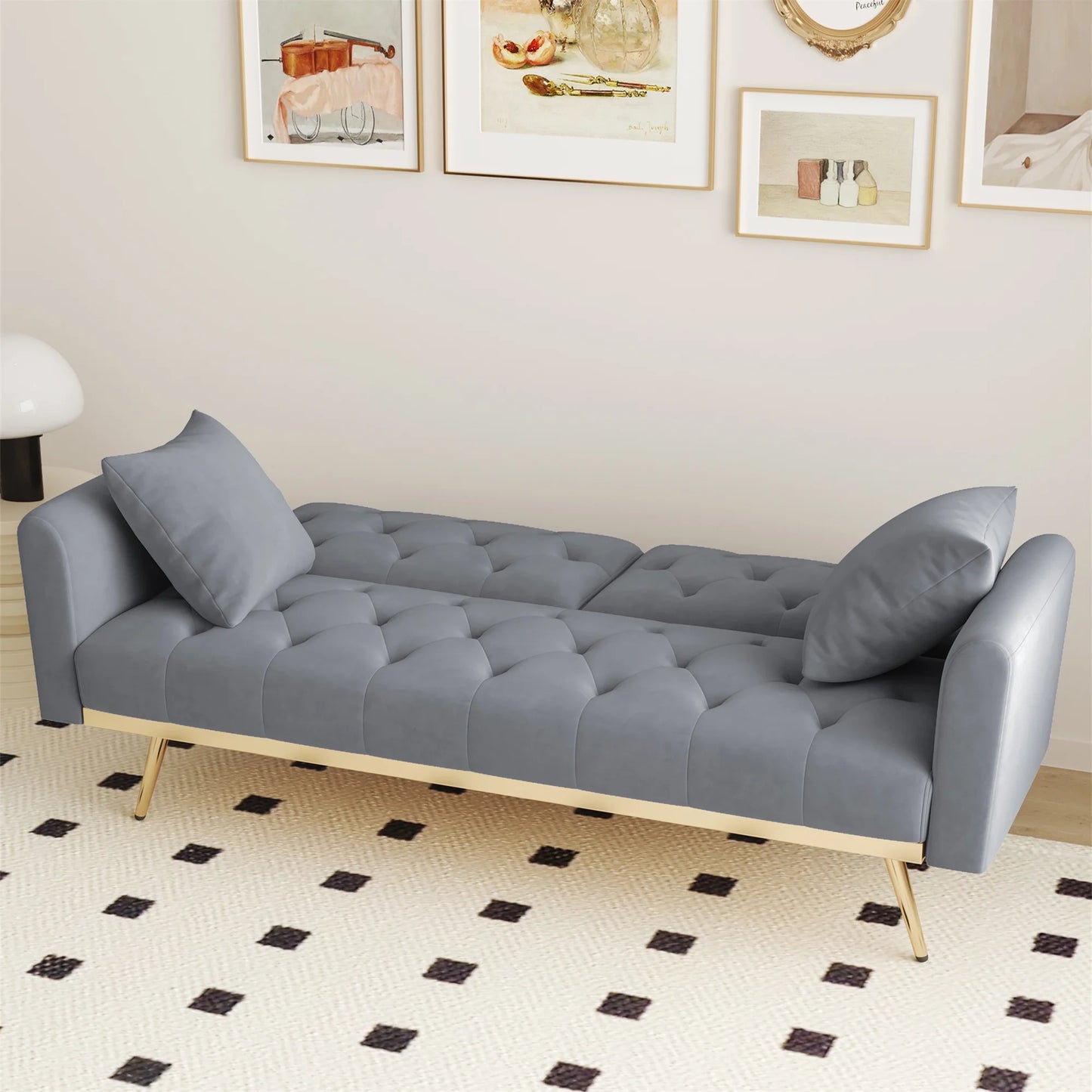 Aukfa Velvet Futon Convertible Sofa Bed for Home Office, 2 Pillows, Upgraded Metal Base, Gray