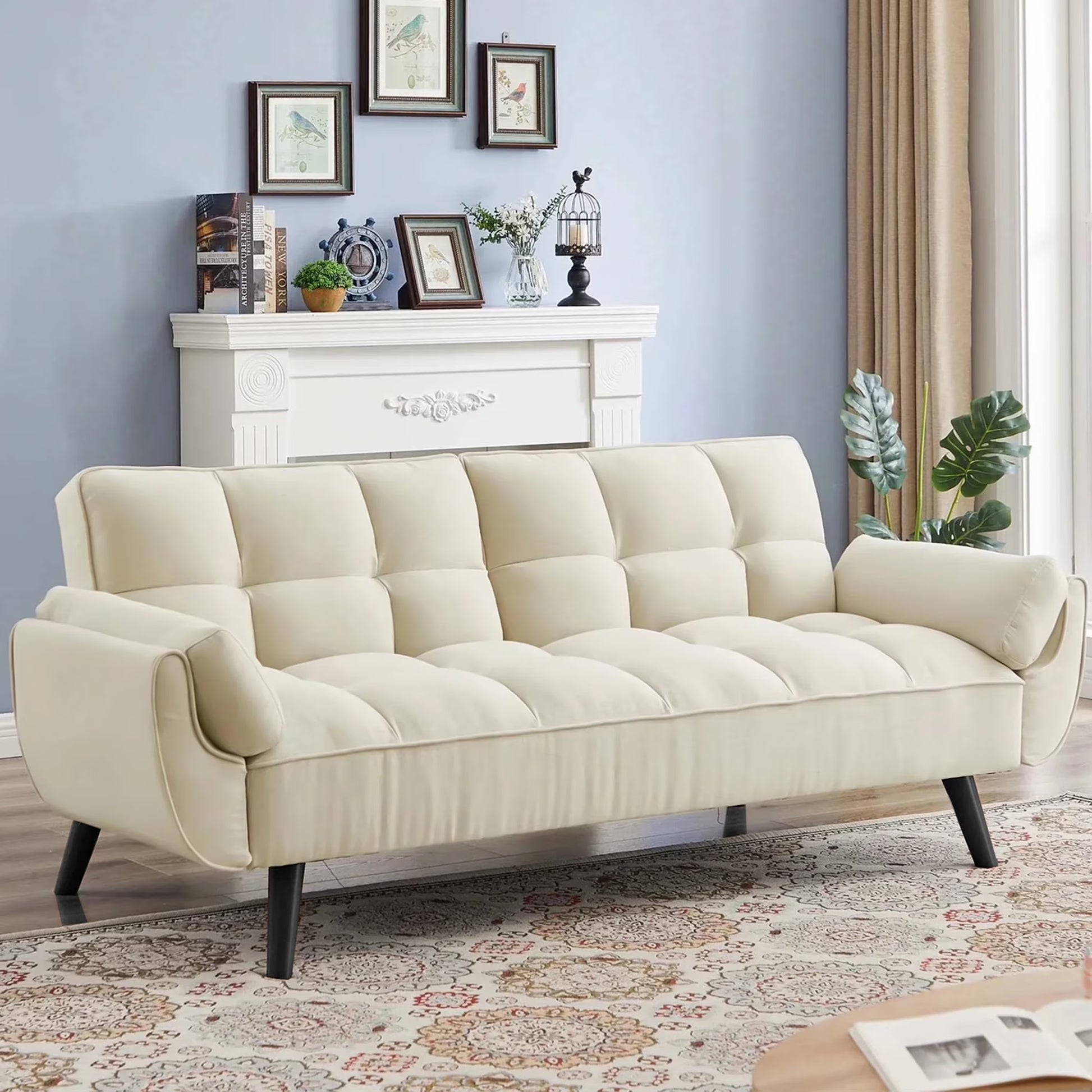 Aukfa 75" Flared Arm Futon Convertible Sofa Bed, Linen Sleeper Couch for Home Office, Beige