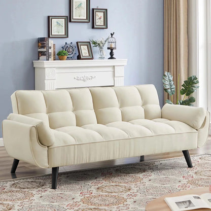 Aukfa 75" Flared Arm Futon Convertible Sofa Bed, Linen Sleeper Couch for Home Office, Beige