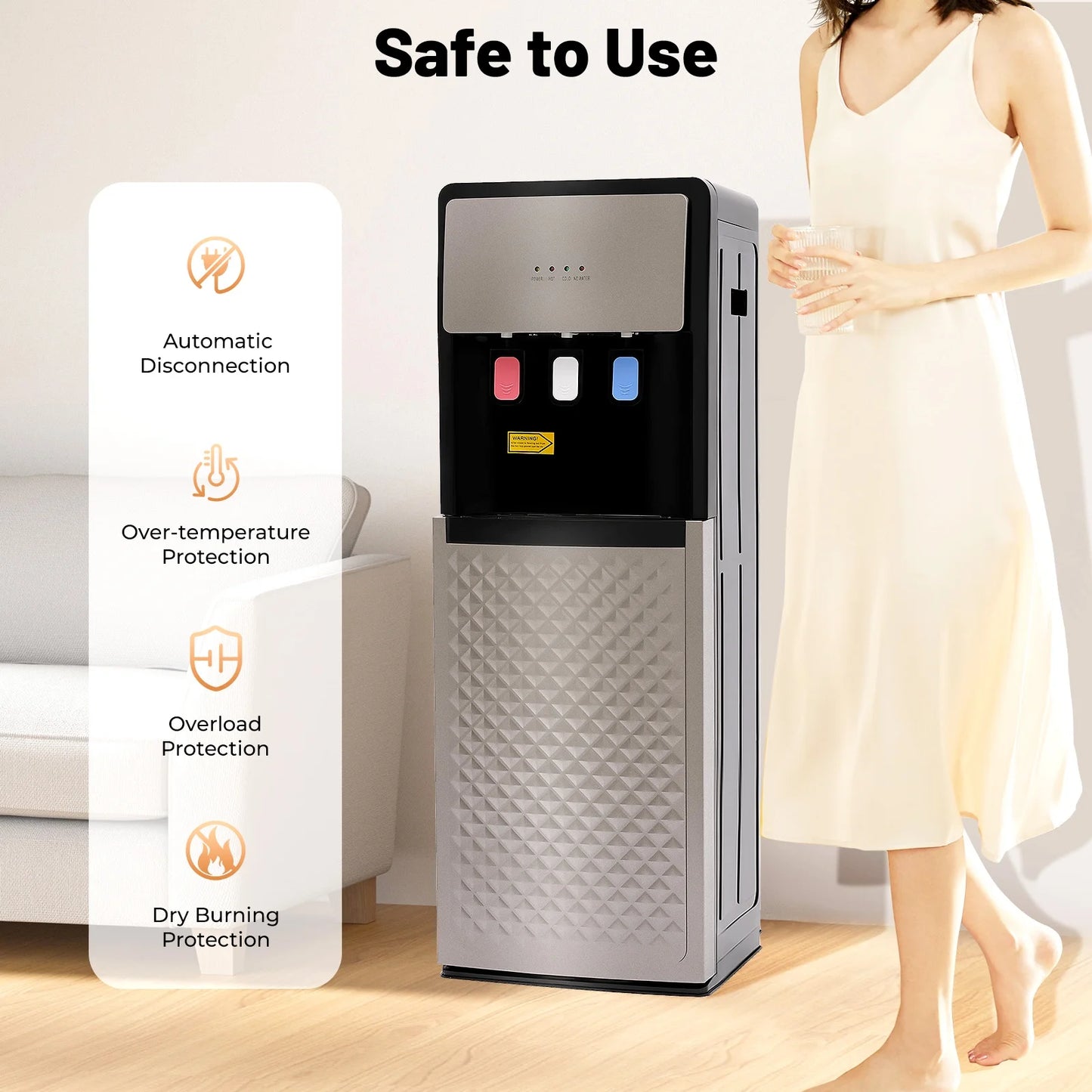 Silver Grey Floor Standing Hot& Cold Water Dispenser with 3 Temperature Settings, Indicator Lights & Removable Drip Tray, for Home Office and Living Room