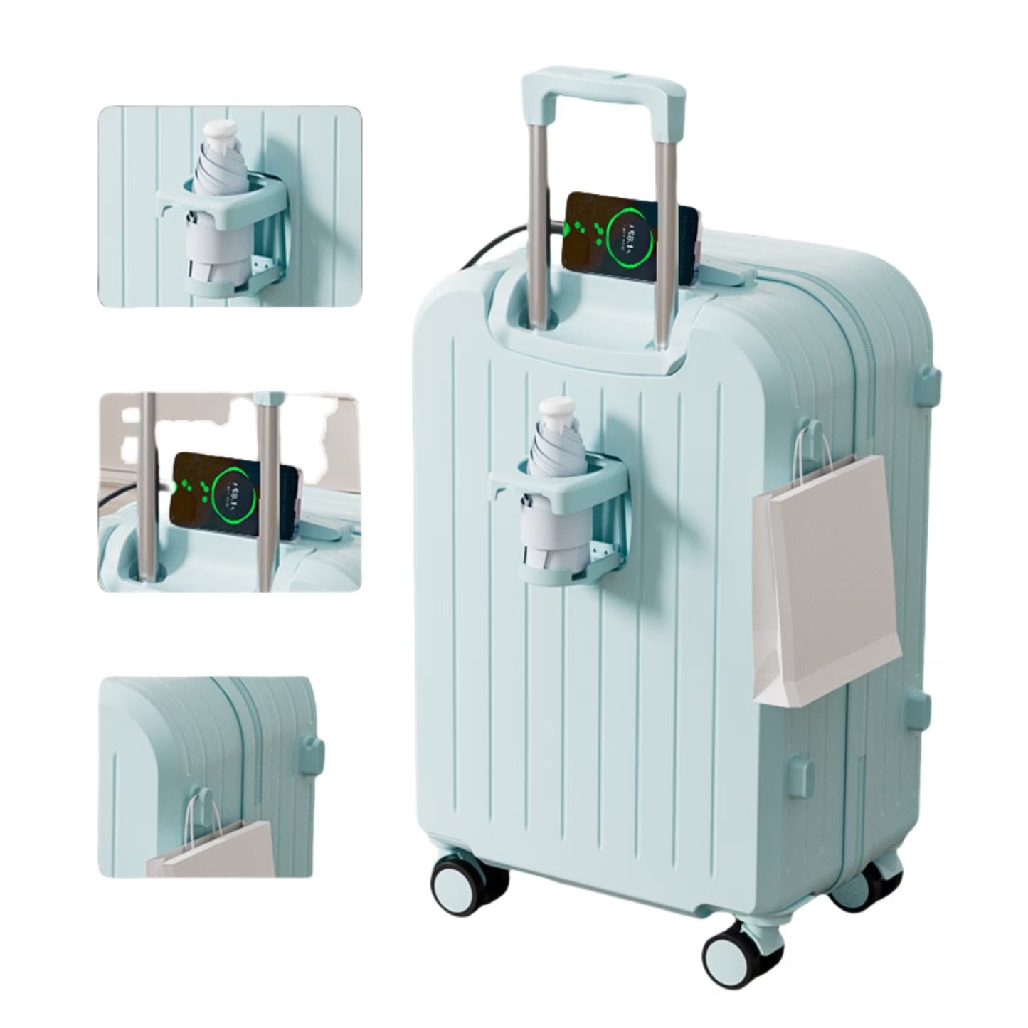 20" Expandable Luggage with Spinner Wheels+UBS+Cup Holder+Side Hooks ,ABS+PC,Multifunctional Suitcases with Wheels(BLUE)