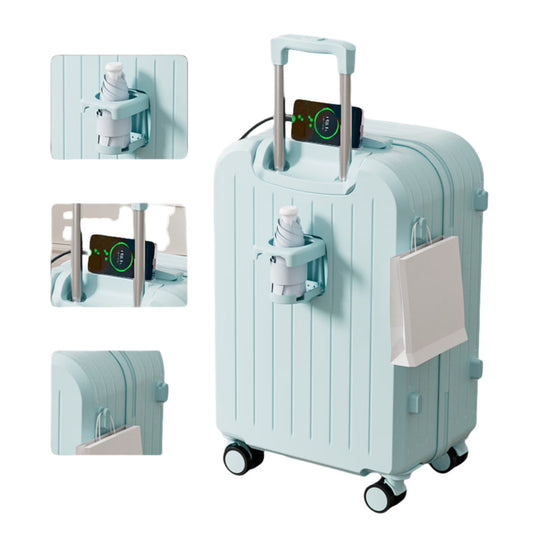 20" Expandable Luggage with Spinner Wheels+UBS+Cup Holder+Side Hooks ,ABS+PC,Multifunctional Suitcases with Wheels(BLUE)