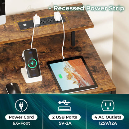 Huuger 55" Computer Desk with LED Lights & Power Outlets, Industrial Home Office Desk with Drawers & Storage Shelves, Corner Writing Desk, Gaming Desk, Rustic Brown
