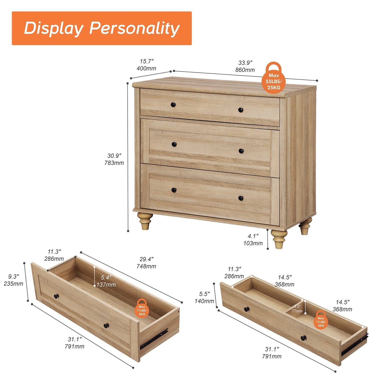 Oak Bedroom Dresser with 3 Drawers, Mid Century Modern Wooden Closet Storage Organizer, Small Dressers Suitable for Living Room, Nursery, and Hallway