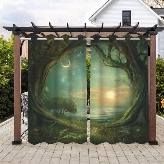 Forest Theme Waterproof Outdoor Curtains for Patio,Trees Moon Lake Pattern,Grommet Curtain for Bedroom, Porch, Living Room, Pergola, Cabana,2 Panels,W54 x L84,Green