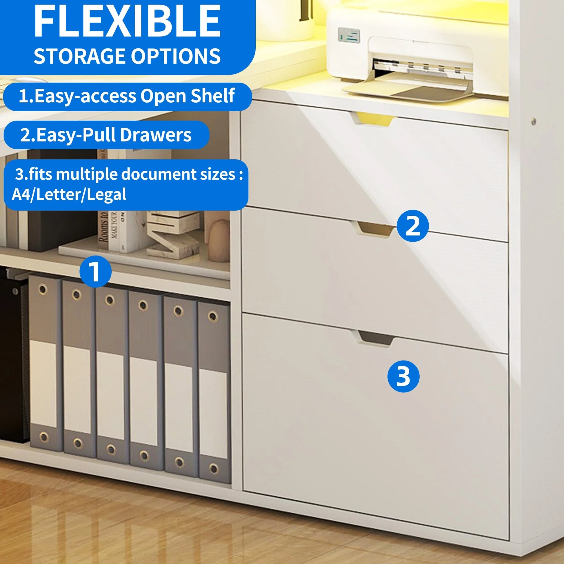 Dextrus L Shaped Desk with Power Outlets & LED Lights, Computer Desk with 3 Drawers and 3 Storage Shelves, White Office Desk Corner Desk for Home Office