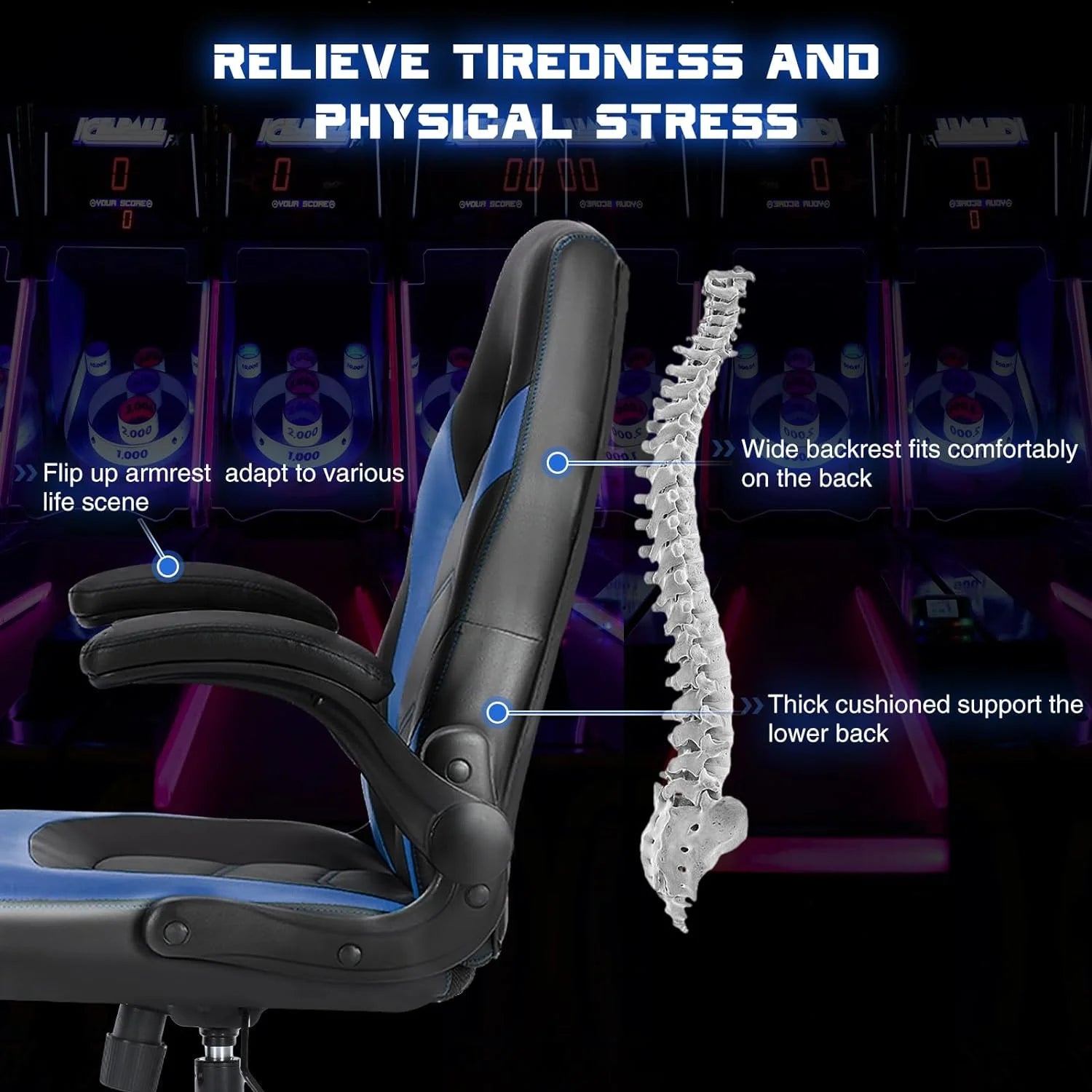 Ergonomic Computer Gaming Chair - Home Office Desk with PU Leather Lumbar Support, Height Adjustable Big and Tall Video Game with Flip-up Armrest, Swivel Wheels for Adults and Teens