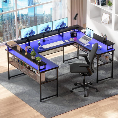 Homieasy U Shaped Desk with Power Outlet, 83 inch Reversible L-Shaped Gaming Desk with Monitor Stand and LED Strips, 2 Person Corner computer Desk with Storage Shelf for Home Office, Black
