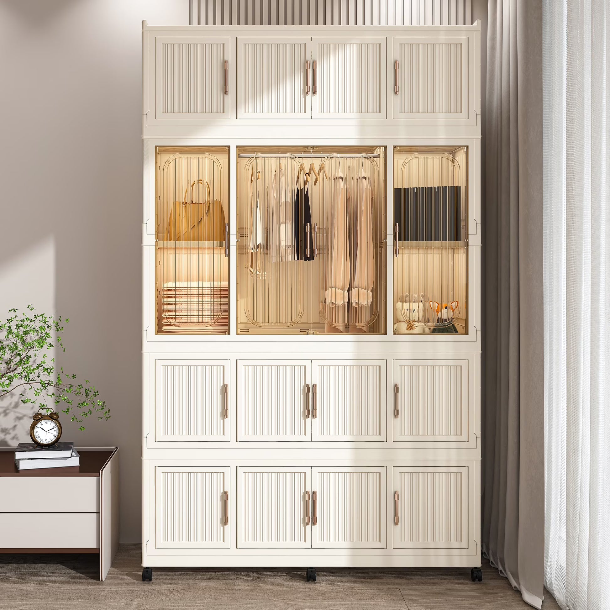 Montary Kids Portable Wardrobe w/Magnetic Doors & Hanging Rod - 4-Cube Plastic Storage Cabinet,Nursery/Bedroom