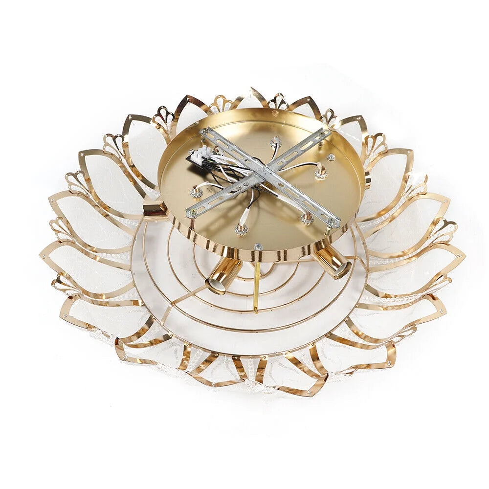 Crystal Ceiling Lamp Modern Chandelier 110V Gold Flower Shape Pendant Light Fixture 23.5 in Bedroom Flush Mount Hanging Lamp for Living Room Bedroom Hallway (No Remote Control)