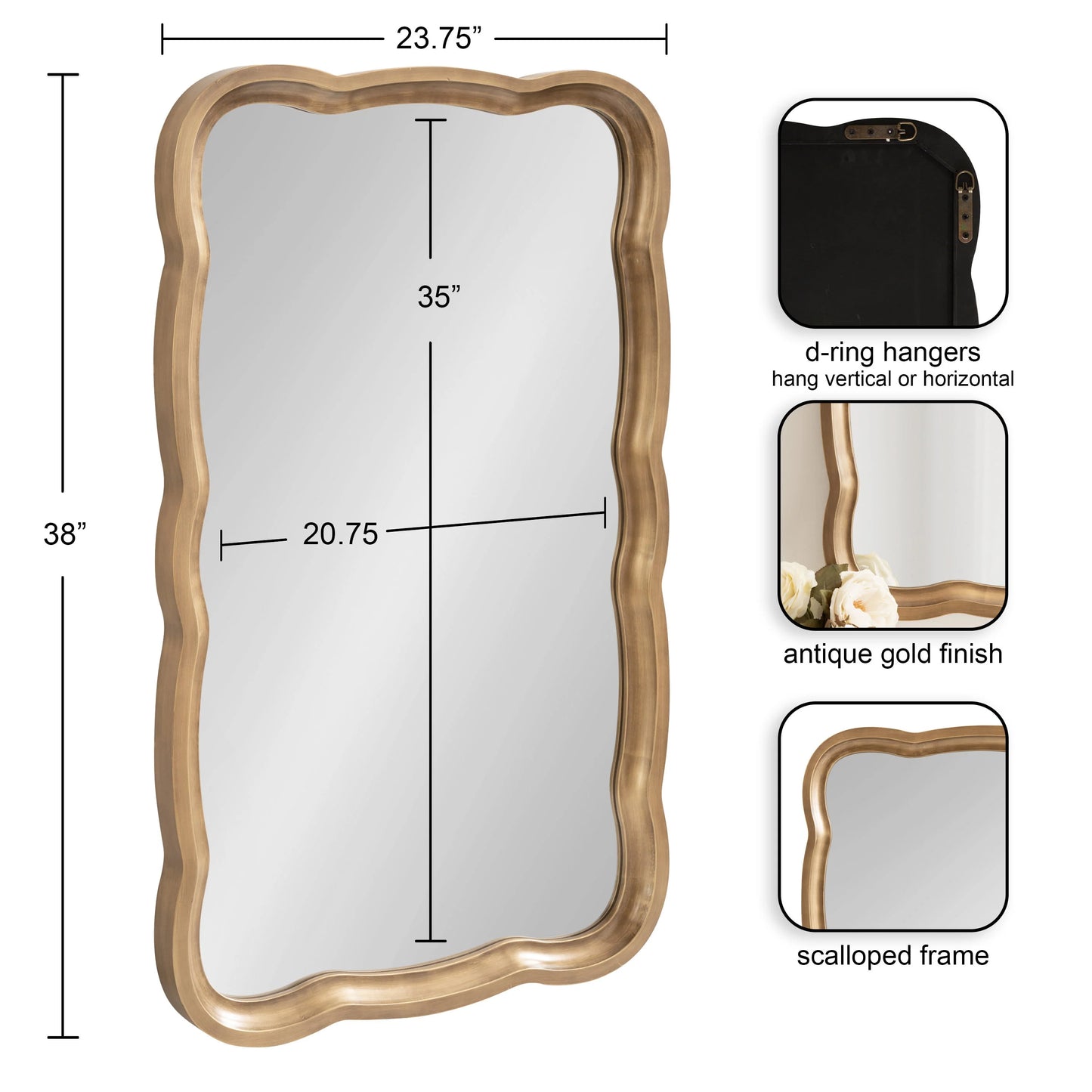 Kate and Laurel Hatherleigh Scallop Wooden Vintage Wavy Wall Mirror, 24 x 38, Antique Gold