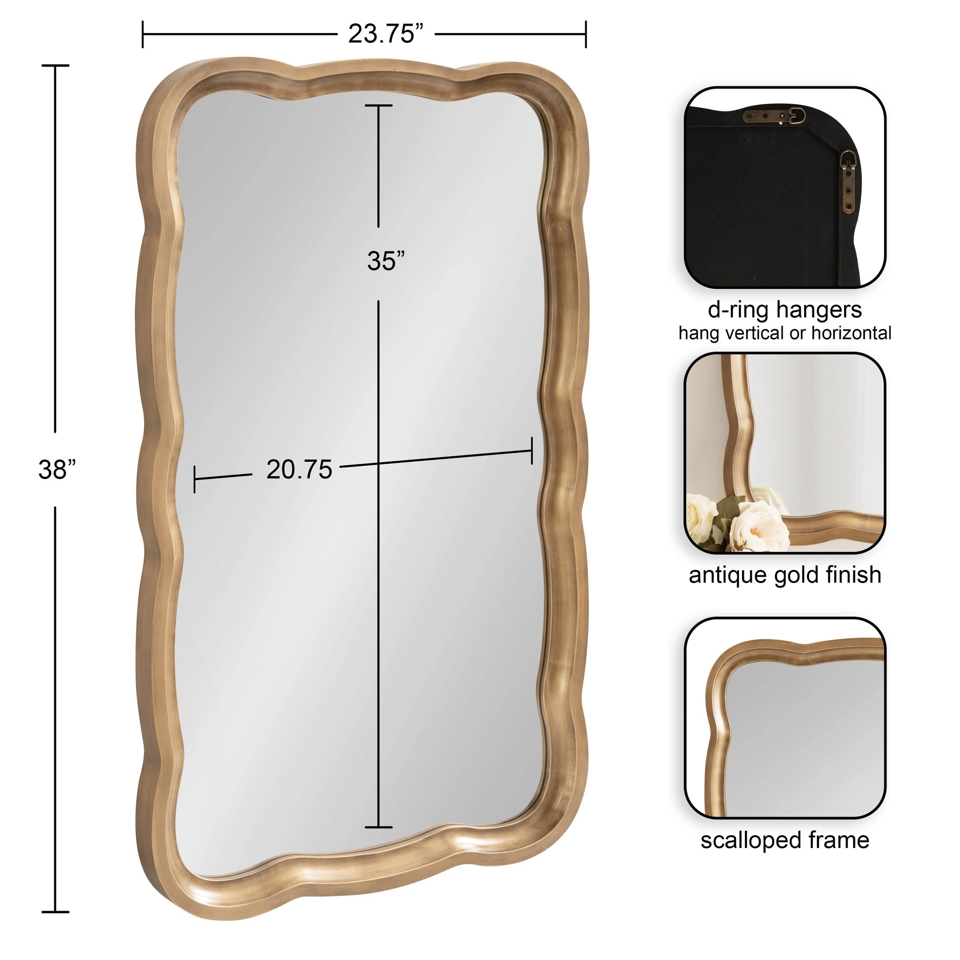 Kate and Laurel Hatherleigh Scallop Wooden Vintage Wavy Wall Mirror, 24 x 38, Antique Gold