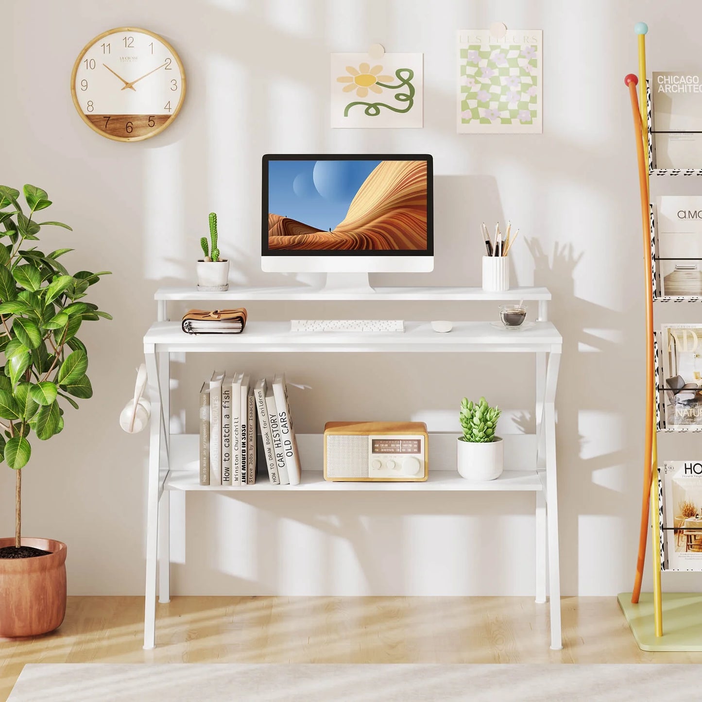 Costway Home Office Desk with Monitor Stand, Open Shelf & Metal Frame, Earphone Hook White