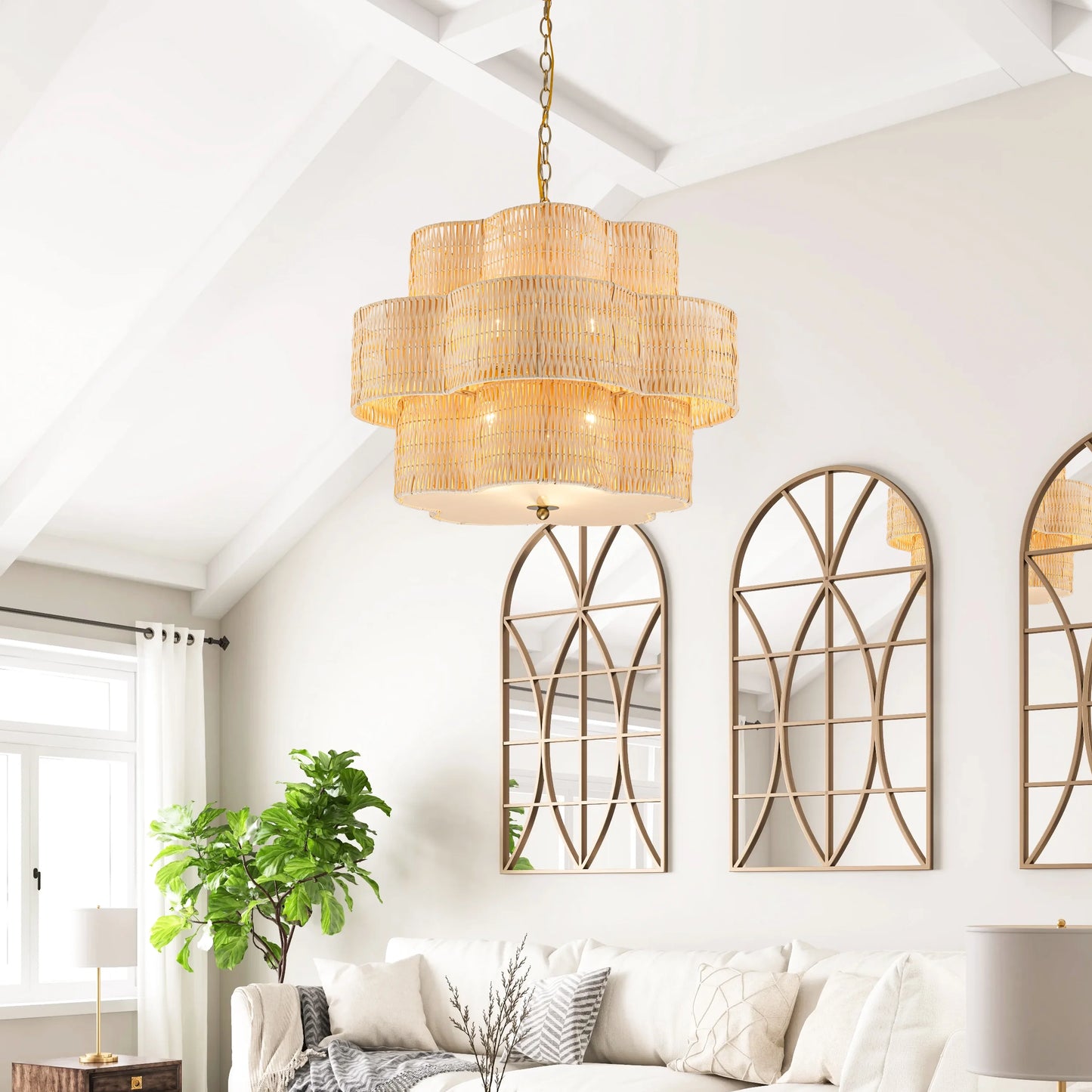 C Cattleya 20" 5-Light Natural Rattan Chandelier with 2-Tier Hand Woven Flower-Shaped Shade