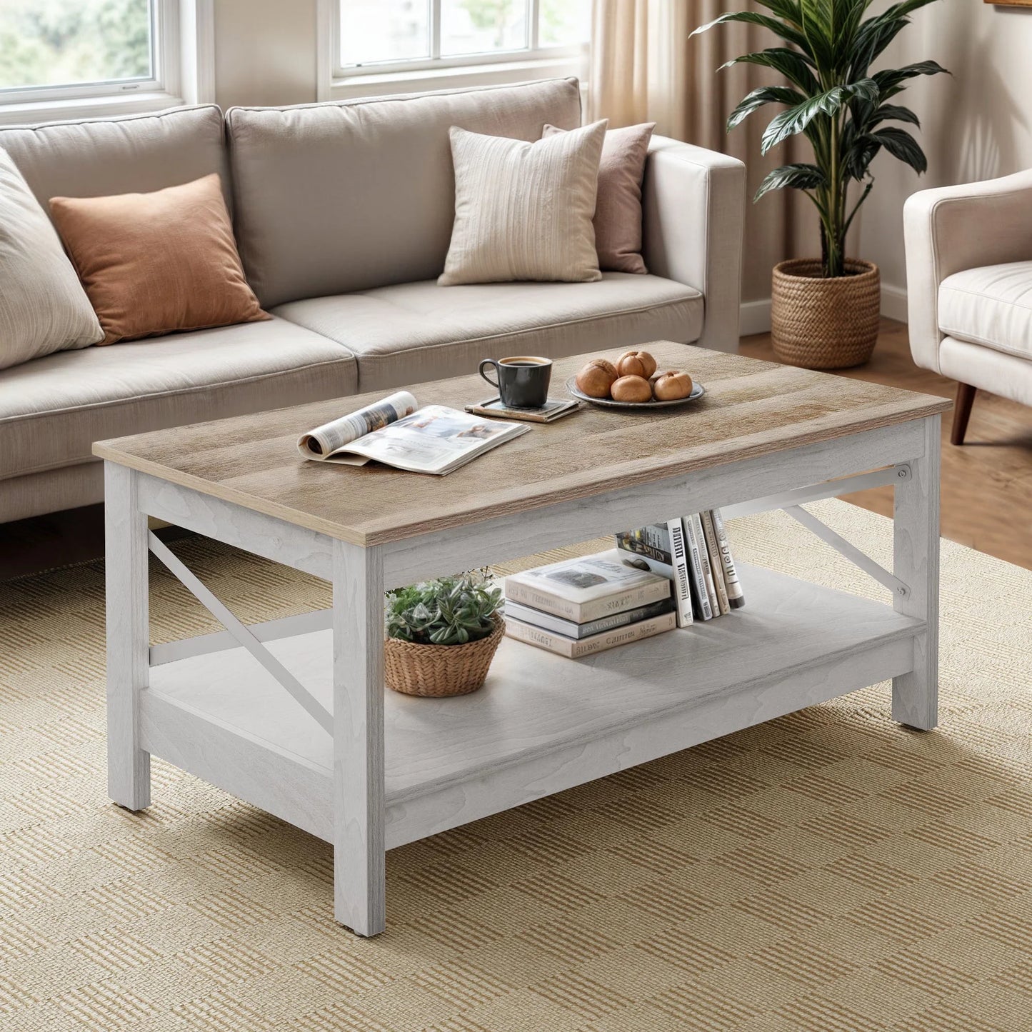 Wooflex Rustic Wood Coffee Table with 2-Tier Storage Shelf, Rectangle Design for Living Room or Home Office