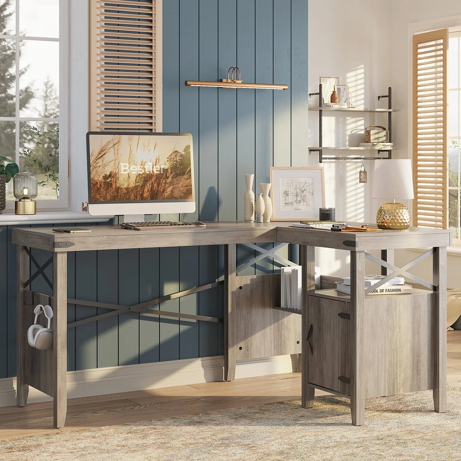 Bestier Farmhouse L-Shaped Computer Desk 60" Home Office Desk with Cabinet, Wash Gray