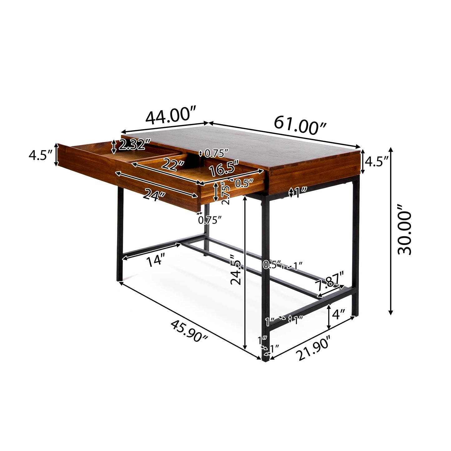 GDF Studio Elrod Industrial Dark Oak Acacia Wood Storage Desk with Rustic Metal Iron Accents