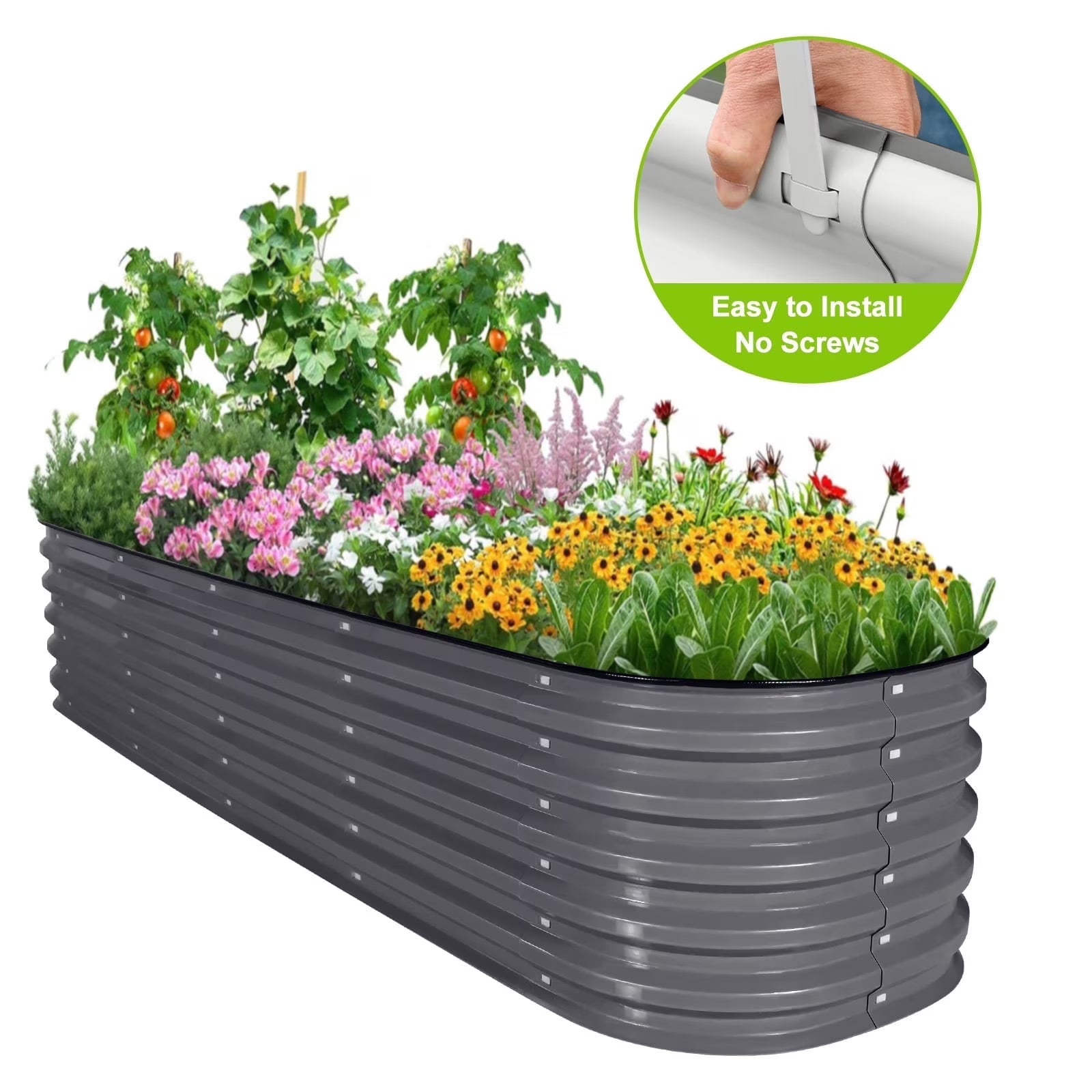 HOOFUN 17" Tall Metal Raised Garden Bed, 9 in 1 Garden Raised 8ftX2ft Garden Bed Kits for Vegetables Flowers, Oval Outdoor Planter Box w/6 Support Bars - Olive Green