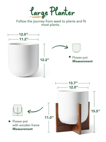 BEMAY 12" White Ceramic Planter with Wood Stand, Large Indoor Plant Pot and Flower Pot for Tall Plants and Houseplants, Mid Century Modern Decor