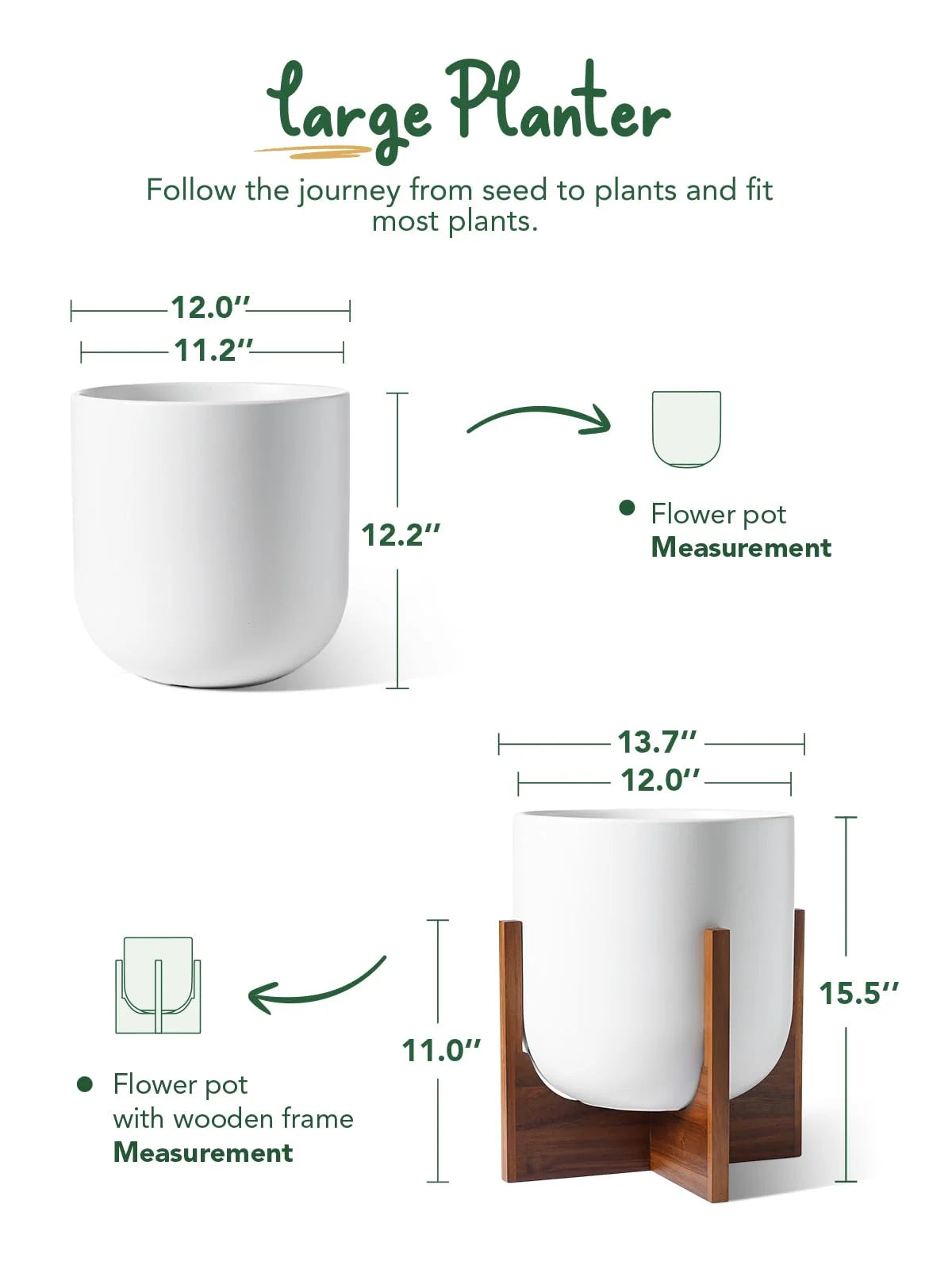 BEMAY 12" White Ceramic Planter with Wood Stand, Large Indoor Plant Pot and Flower Pot for Tall Plants and Houseplants, Mid Century Modern Decor