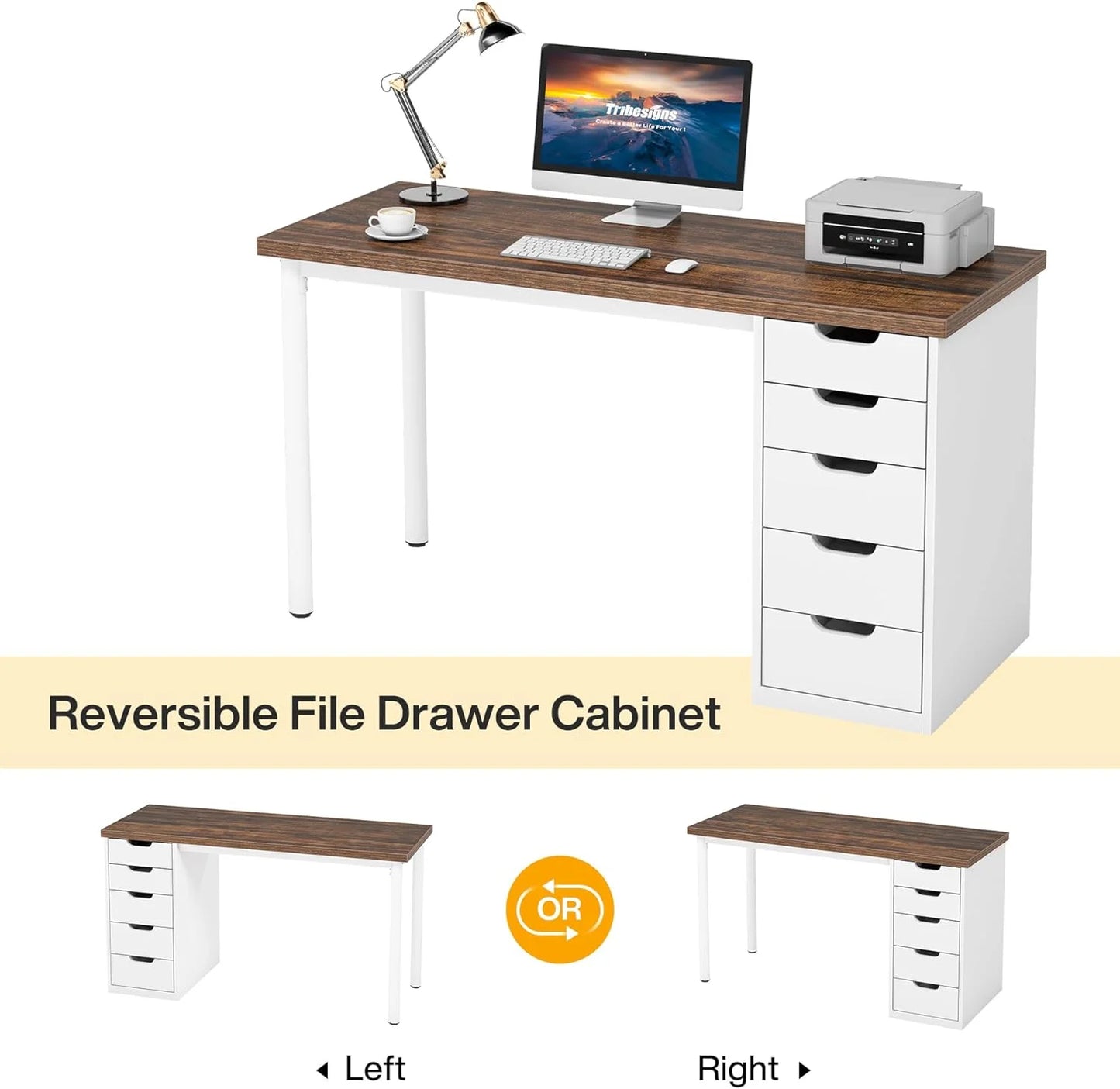 Finmind Computer Desk with 5 Drawers, 47 inches Rustic Brown Home Office Desk with Storage, Modern Study Writing Table Workstation for Small Spaces, Brown & White