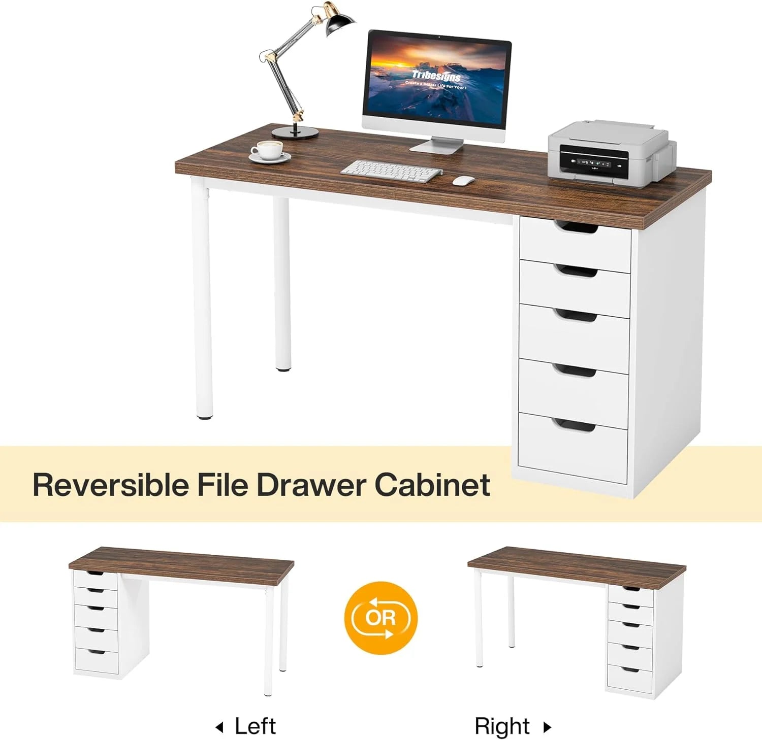 Finmind Computer Desk with 5 Drawers, 47 inches Rustic Brown Home Office Desk with Storage, Modern Study Writing Table Workstation for Small Spaces, Brown & White