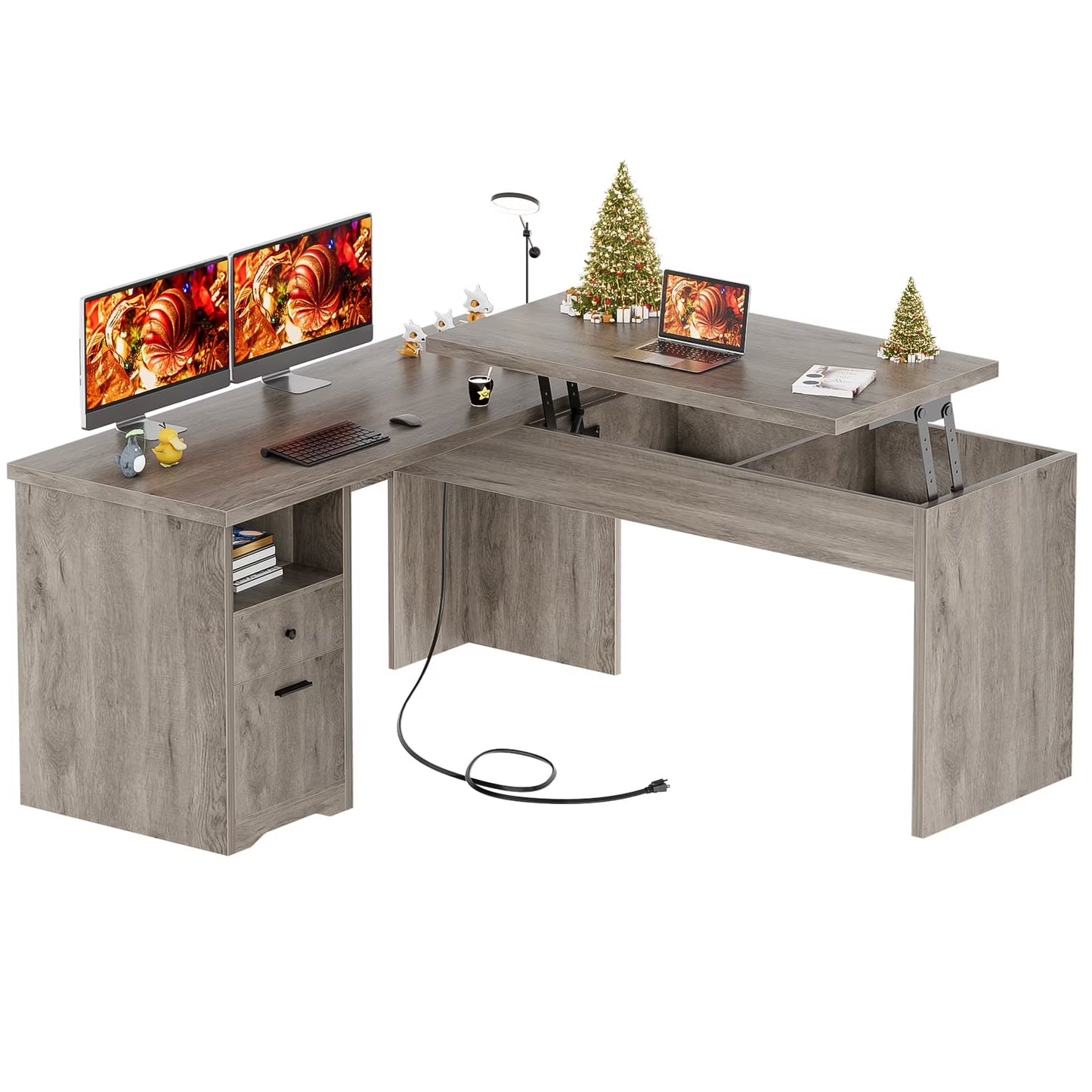 Homieasy L Shaped Desk with Power Outlets and USB Charging Ports, Lift Top Corner Computer Desk with Drawer, Large Office Desk with Storage Shelves, L Shaped Standing Desk for Home Office, Black Oak