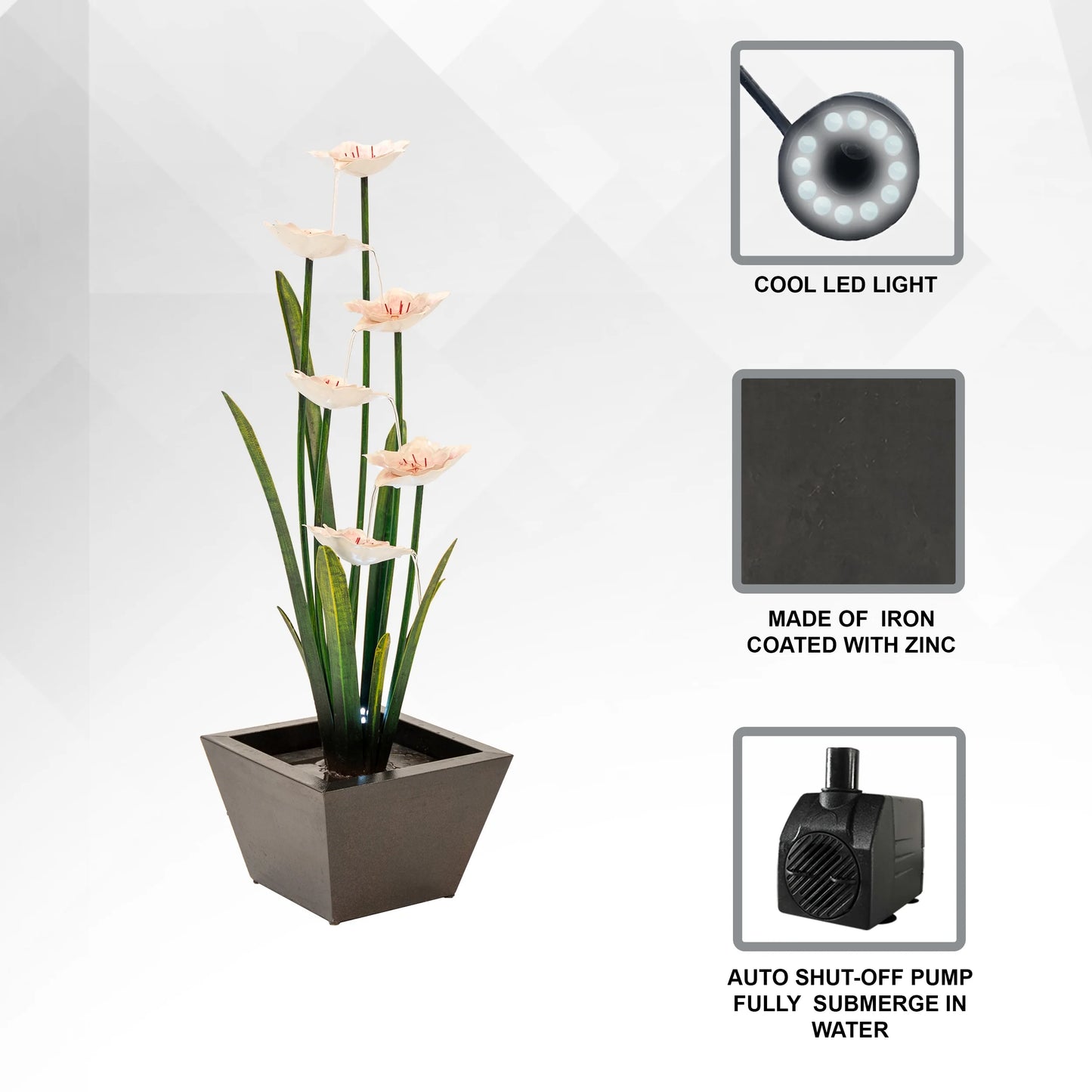 XBrand Metal Sculptural Multi-tiered Flower Water Fountain, Black & White, 39" Tall, w/LED Lights