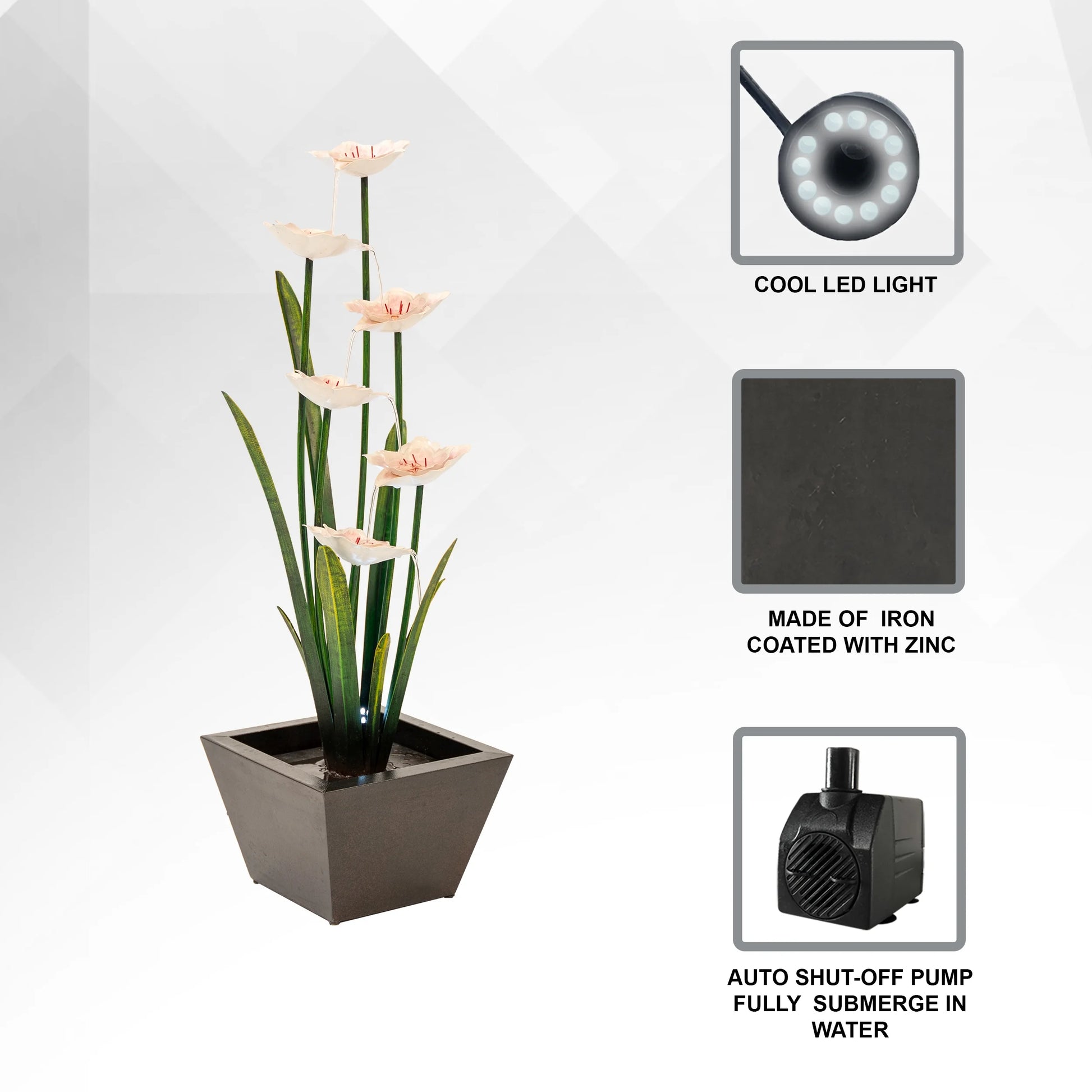 XBrand Metal Sculptural Multi-tiered Flower Water Fountain, Black & White, 39" Tall, w/LED Lights