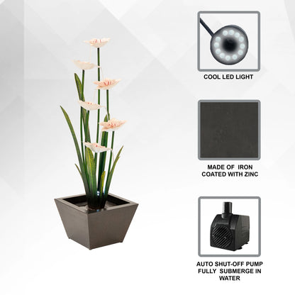 XBrand Metal Sculptural Multi-tiered Flower Water Fountain, Black & White, 39" Tall, w/LED Lights