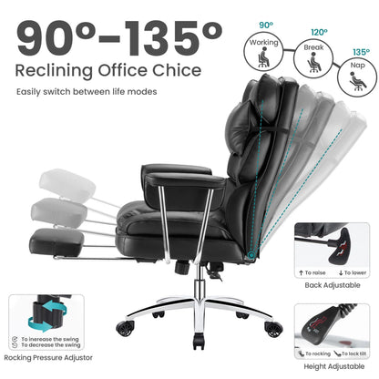 edx Executive Home Office Desk Chair, Ergonomic Big Tall High Back with Footrest & Lumbar Support, Reclining Comfy PU Leather Computer Gaming Chair with Swivel Wheels, Height Adjustable, Black