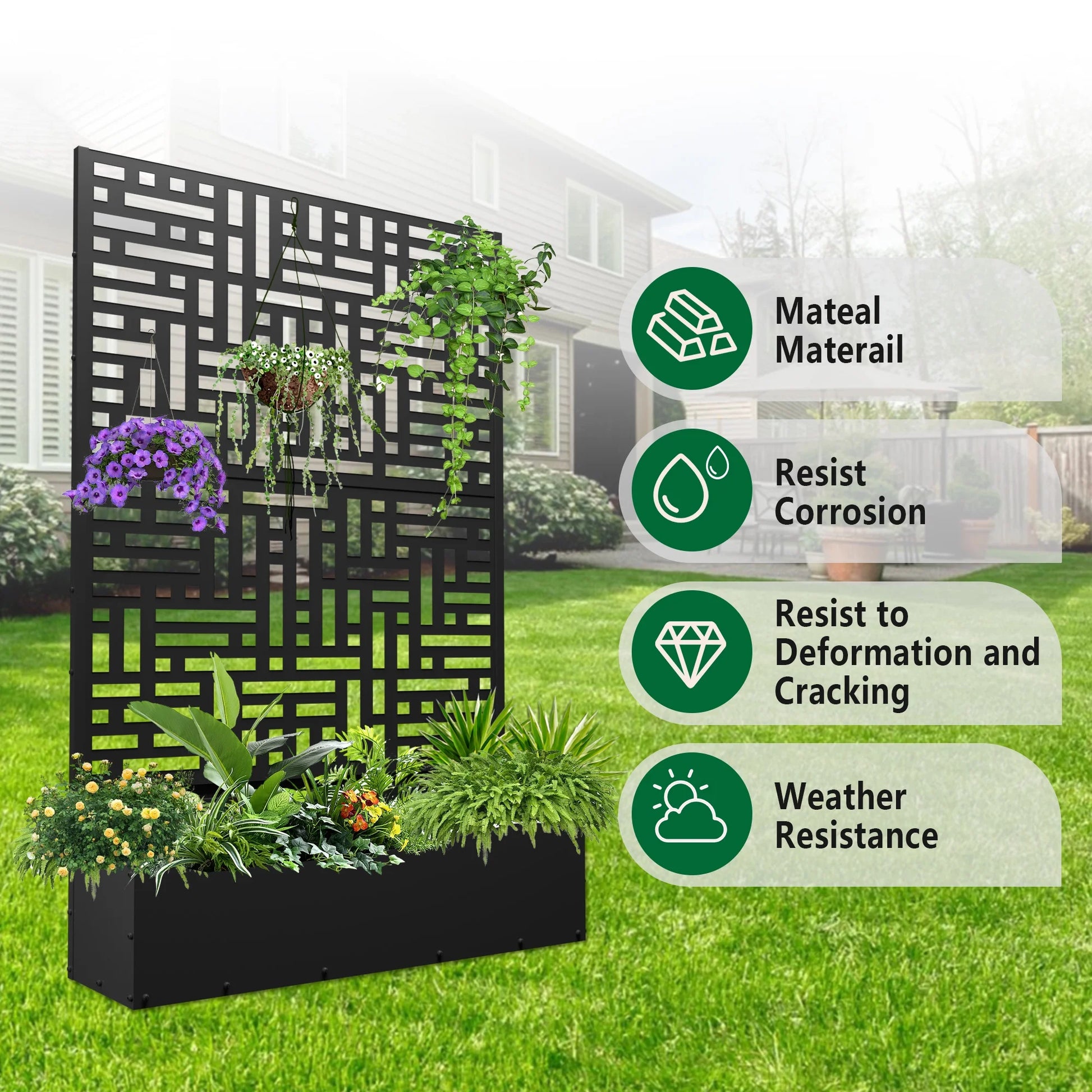 FOOWIN 71'' H Metal Planter with Trellis, Outdoor Raised Garden Bed for Climbing Plants, Trellis Planter Box with Drainage Hole, Black
