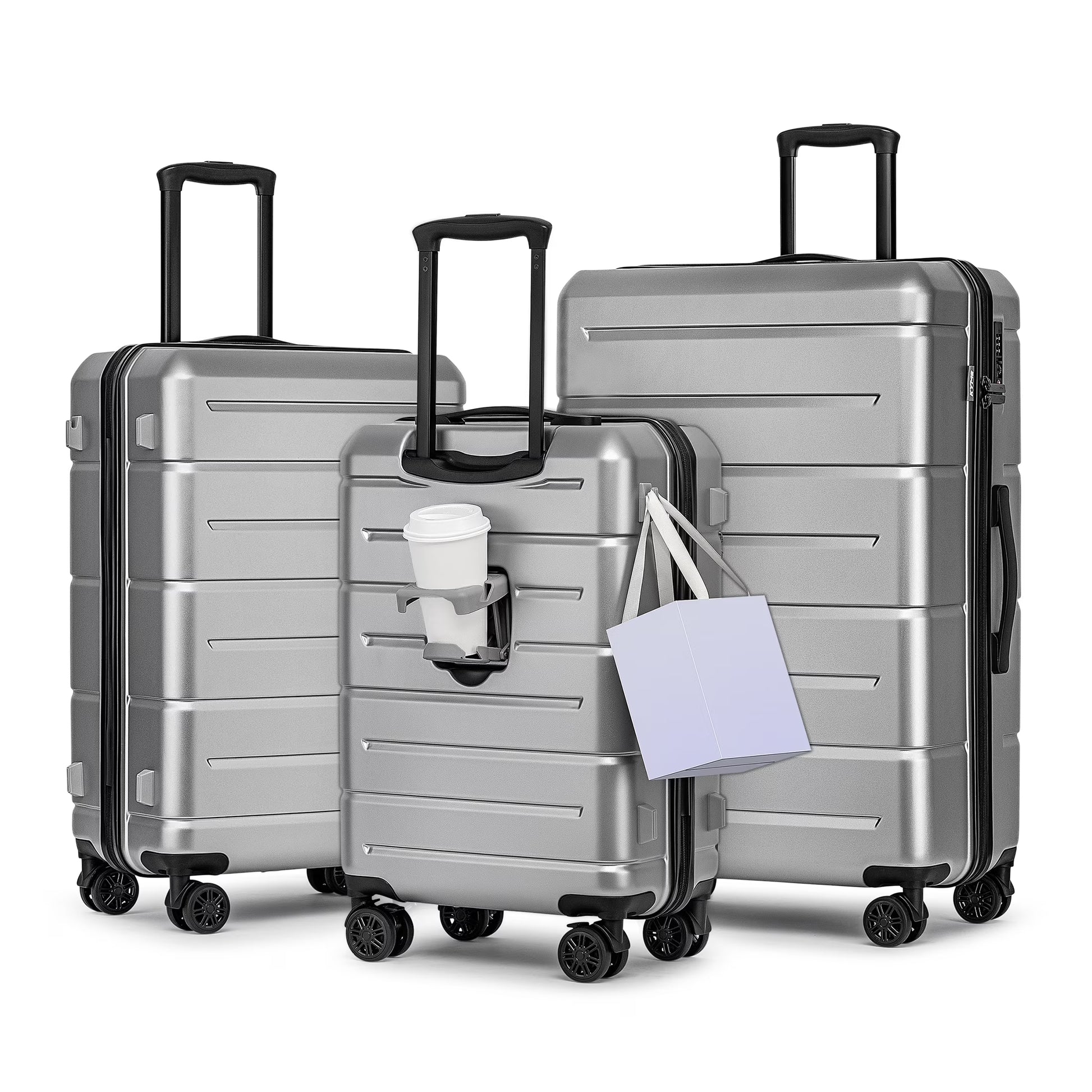 3 Piece Hardside Carry On Luggage Sets TSA Lock Spinner Wheels 22"26"30" Suitcase with Cup Holder